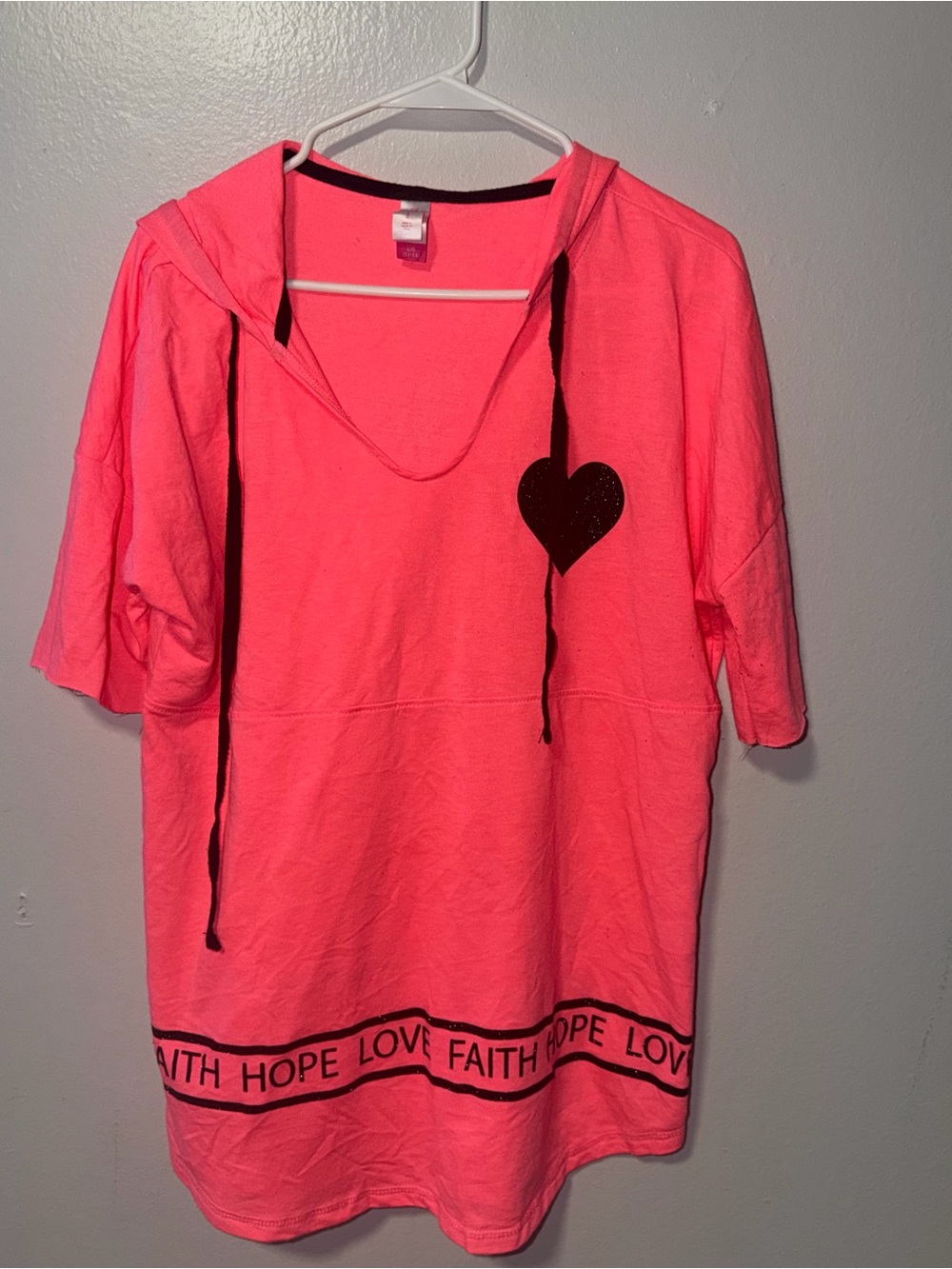 Justice Neon Pink Short-Sleeve Hoodie Tunic with Heart & 'Faith Hope Love' Trim